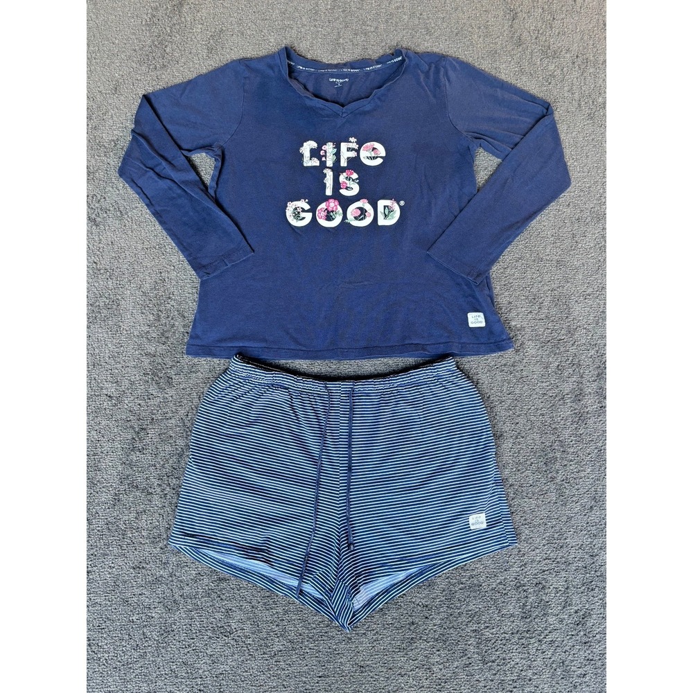 Life is Good Sleep Wear Set Women's Small Blue White Striped Drawstring Waist